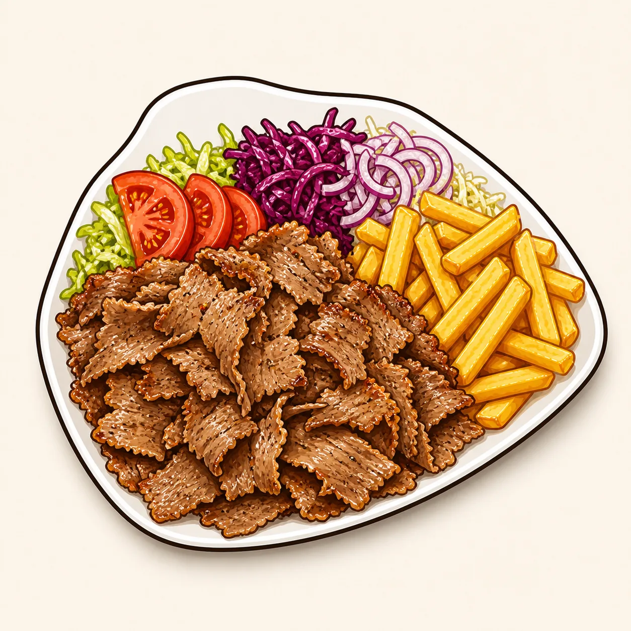 Dönerteller mit Kalbfleisch, Pommes und Salat — Goeki-Illustration