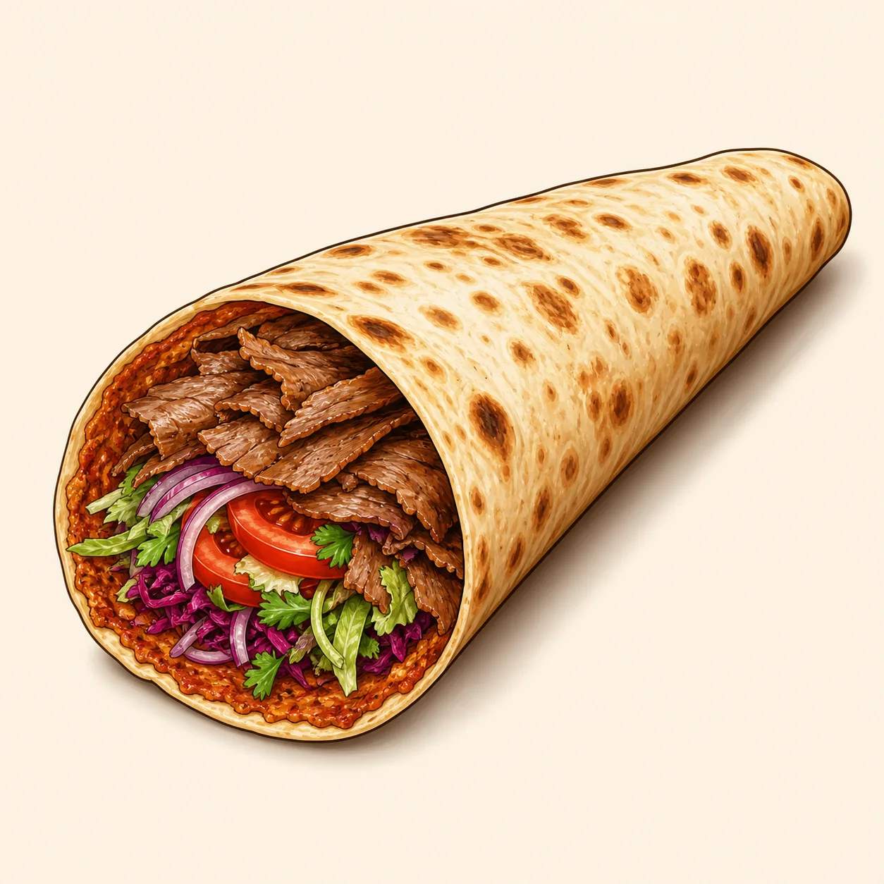 Türkische Pizza · Lahmacun mit Fleisch — Goeki-Illustration
